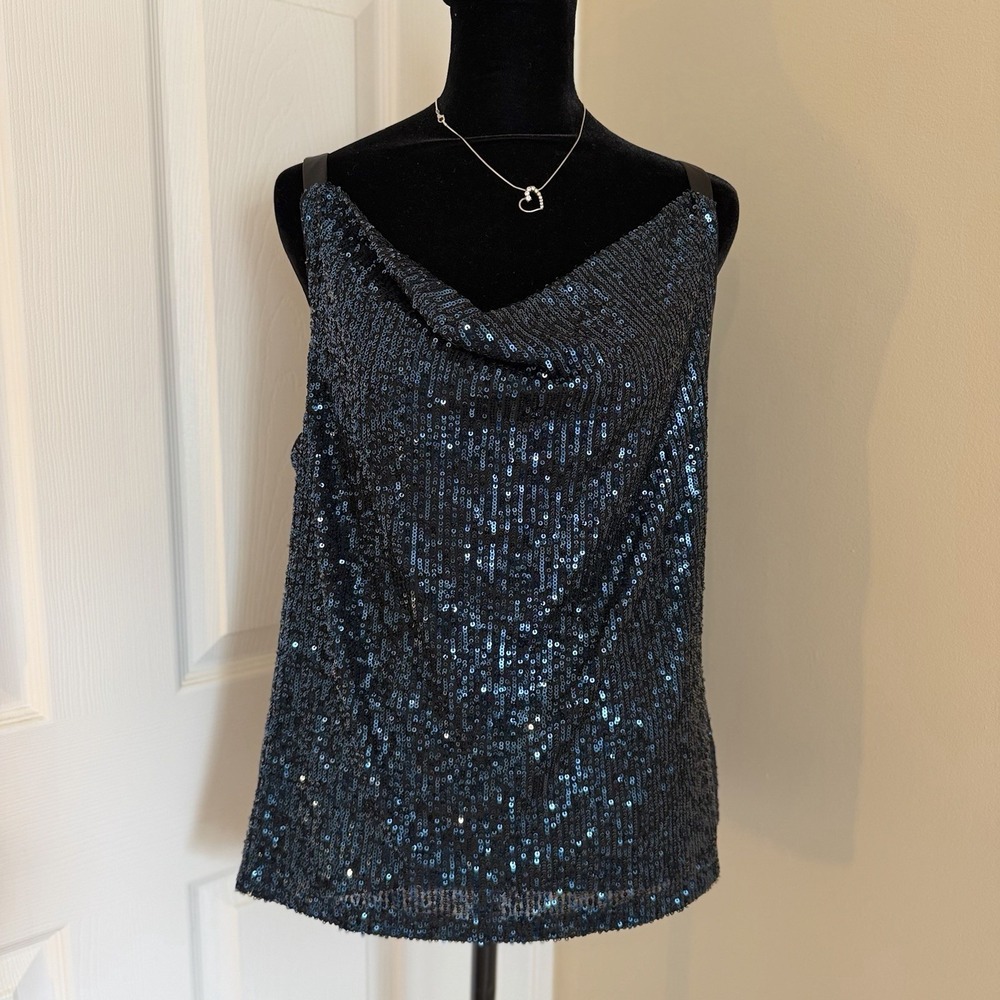 WHBM Womens VTG Navy Sequin Scoop Neck Blouse Top Straps (M) Jewel Tone Y2K Glam